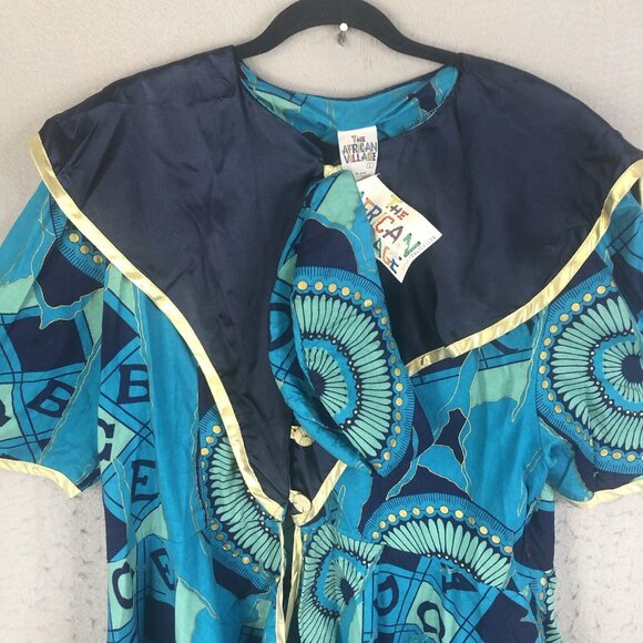 Vintage The African Village Tunic Womens Large Blue Gold Ethnic Tribal Artsy NEW - Picture 2 of 16